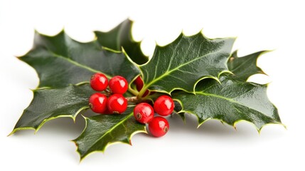 a detailed close-up of a vibrant sprig of holly with glossy green leaves and bright red berries against a pristine white backdrop evoking feelings of holiday cheer