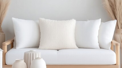 Modern, neutral-toned living room sofa with plush pillows