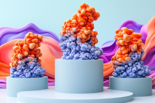 Abstract 3D render of vibrant orange and purple blobs on pastel platforms against a flowing fabric backdrop