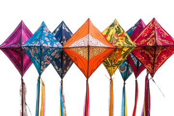 A vibrant display of colorful patterned kites arranged in a row against a dark background outdoors