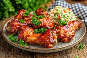 Fototapeta premium Glazed wings, parsley garnish, coleslaw, on plate, wood surface