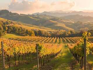 Naklejka premium Golden hour sunlight bathes rolling hills covered in autumnal vineyards. Serene landscape photography.
