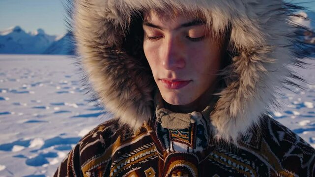 Young Inuit man wearing a traditional fur-lined parka stands on a snowy landscape with mountains. Indigenous heritage and ancestry. People of the First Nations of Canada