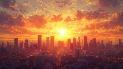 Fototapeta premium Orange Sunset Over City Skyline