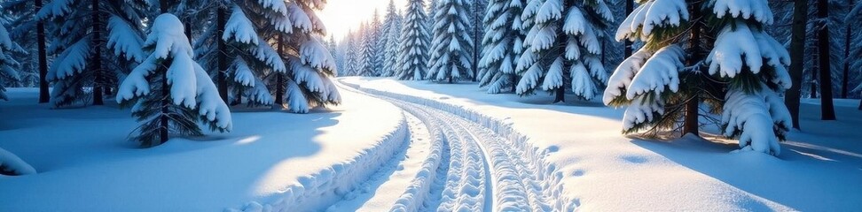 Narrow snow trail curves through frost-covered pines Deep shadows, sparkling snow , photography, snow
