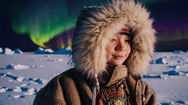 Small Inuit boy wearing a fur-lined parka stands on snow under the northern lights. The aurora borealis illuminates the night sky in shades of green and purple. Indigenous people of Canada