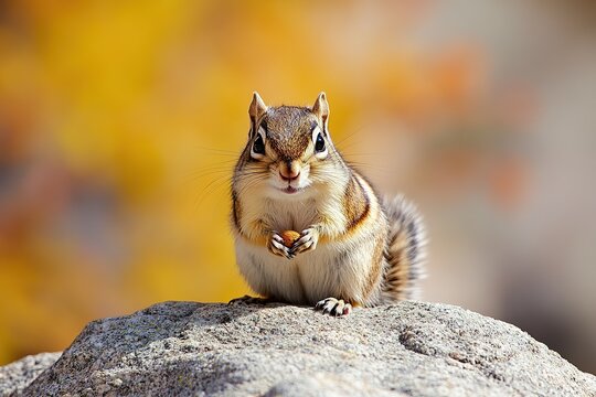 A playful chipmunk perched on a rock, its cheeks puffed with stored food