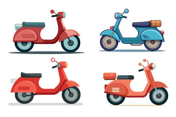 Obraz premium Four brightly colored retro scooters in different shades of red and blue