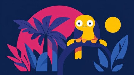 Fototapeta premium Whimsical pixel art illustration of a yellow bird on a tree branch beneath a stylized sunset and palm leaves creating a playful nature scene