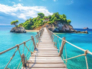 Fototapeta premium Beautiful Tropical Island with Wooden Bridge and Turquoise Waters Under Blue Sky in Daylight, Serene Landscape, Destination Paradise, Vacation Spot