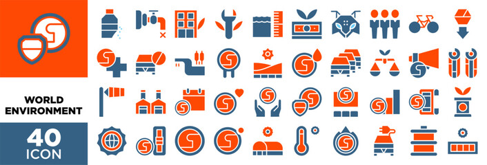 Fototapeta premium WORLD ENVIRONMENT icon set with various styles and colors Microplastics, Scarcity , Office , Restoration , Sea level, Money, Endangered, Overpopulation, Bycicle, Natural resources,