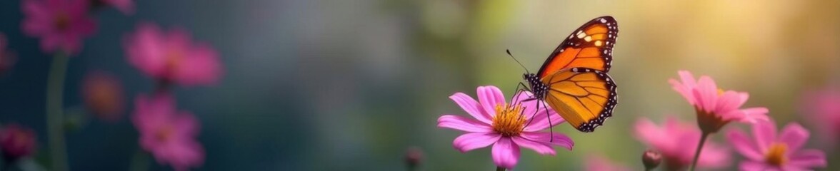 Fototapeta premium Orange & purple butterfly dances around delicate flowers , floral design, garden