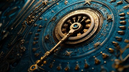 Fototapeta premium Intricate Metallic Clock Mechanism with Blue Background Detail
