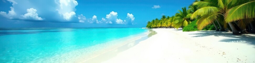 Obraz premium Idyllic Maldives beach scene; powder-white sand meets crystal-clear water , Maldives, sunshine, relaxation
