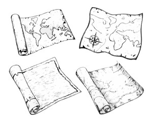 Hand-drawn old map sketch illustration with fine lines and intricate details. Vintage-style etching, perfect for prints, decor, and adventure-themed designs.