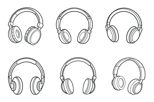 Six black and white outline drawings showcase modern over ear headphones