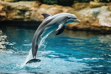 Obraz premium A playful dolphin leaping out of the water, its body twisting mid-air in a joyful jump