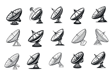 Various styles of black and white satellite dishes in vector format