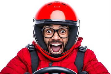 A man in a red helmet and glasses is driving a red car