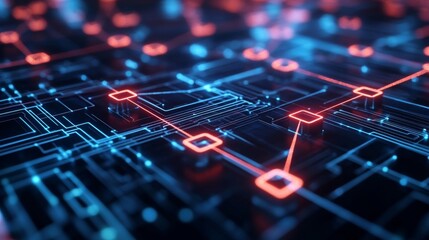 Abstract Digital Network with Glowing Blue and Red Connections