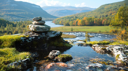 Fototapeta premium Tranquil stream and balanced rocks serene nature landscape photography