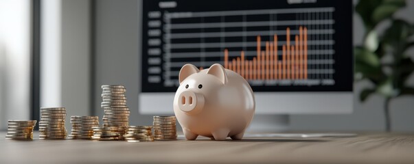 A piggy bank sits on a desk beside stacks of coins, with a financial chart displayed on a monitor, symbolizing savings and investment.