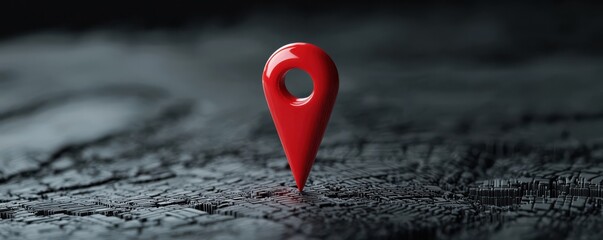 A red location pin stands out against a dark, textured background, symbolizing navigation and mapping.