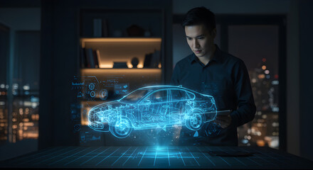 Man Analyzing Car Hologram Blueprint on Table with Blue Glowing Cityscape at Night Indoors