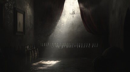 Mysterious Room with Wine Bottles, Dim Lighting, and Elegant Chandelier