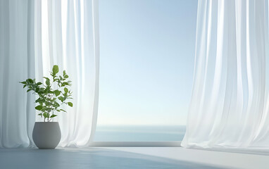 A serene interior view with sheer curtains and a vibrant plant, showcasing tranquility and modern living.