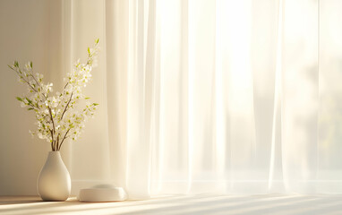 A serene moment with delicate flowers in a vase, soft light through sheer curtains, creating a calming atmosphere.