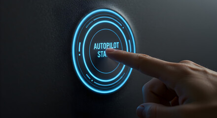 Human Finger Pressing Blue Autopilot Start Button of Round Futuristic Machine on Black Background