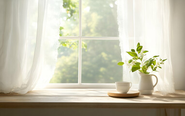 A serene window scene featuring a plant, cup, and sunlight streaming through soft curtains, conveying tranquility.
