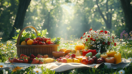 Vibrant summer harvest displayed with fresh fruits and flowers in a sunlit forest clearing