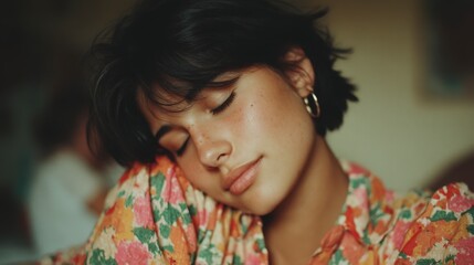 Serene Young Woman Sleeping  Close up Portrait  Peaceful Rest  Soft Light  Floral Shirt  C