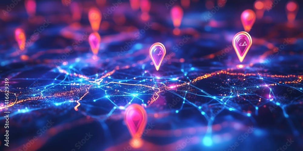 Poster digital map with glowing location pins and interconnected network lines