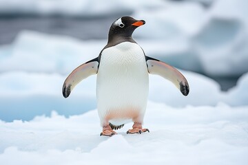 Fototapeta premium A playful penguin waddling across the ice, with its flippers slightly outstretched