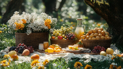 Colorful picnic setup with fresh fruits, flowers, and beverages in a sunny meadow during spring