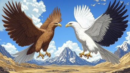 Pixelated avian encounter featuring a brown eagle and a white eagle soaring against a mountainous backdrop evoking digital artistry and pixel art aesthetics