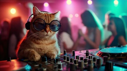 dj at the party, cat in the club, the cat dj is playing music