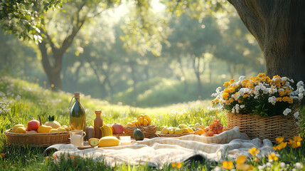 Sunny picnic in a lush garden with fresh fruits, flowers, and a peaceful atmosphere