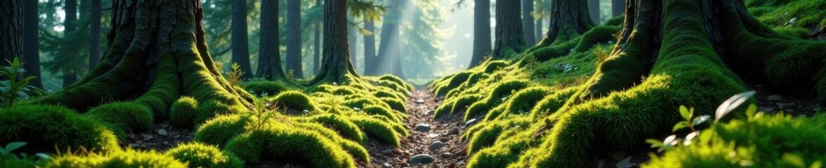 Rugged pines, vibrant moss, mystical forest path, stone, journey