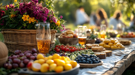Colorful outdoor feast with fresh produce and drinks in a vibrant garden setting during golden hour