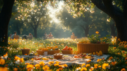 Bright picnic in a sunny park surrounded by blooming flowers and lush trees during a warm afternoon