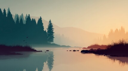 Serene Sunrise  Misty Forest Lake  Peaceful Nature Scene