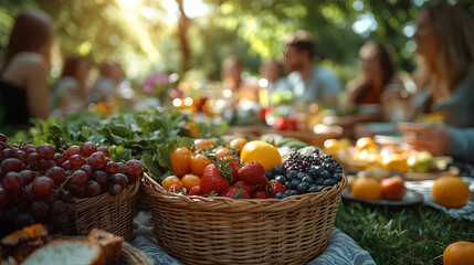 Outdoor gathering features a vibrant picnic with fresh fruits and friends enjoying a sunny afternoon in a lush garden