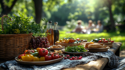 Fresh fruits and vegetables arranged beautifully on a picnic table in a sunlit park with people enjoying a relaxing afternoon