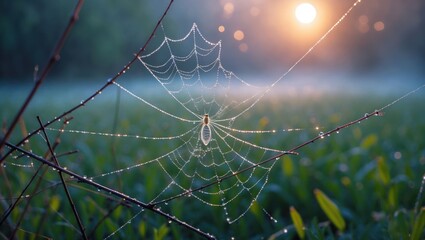 Spiderweb Covered in Dew Drops in Early Morning Sunrise Light