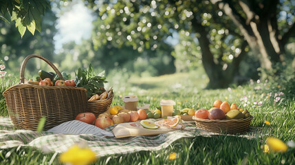 Bright and inviting picnic spread among lush greenery on a sunny day in a serene outdoor setting