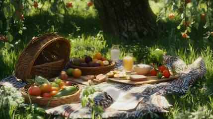 Gathering for a picnic under a tree with an inviting spread of fresh fruits and beverages in a lush green setting